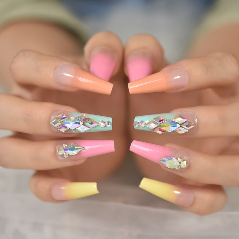 Large Stone Decorative Gradient Press On Fingernails