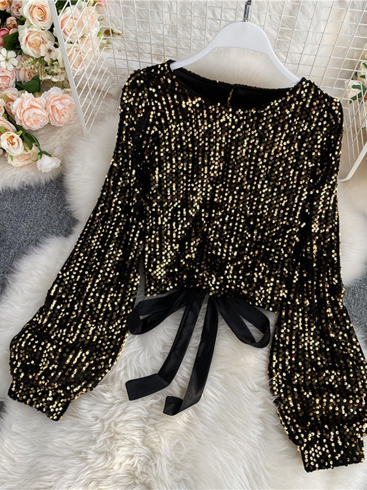 O-Neck Shirts Long-sleeved Open Back Lace-up Bow Short Tops Female - Sabreeonline