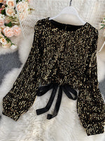 O-Neck Shirts Long-sleeved Open Back Lace-up Bow Short Tops Female - Sabreeonline