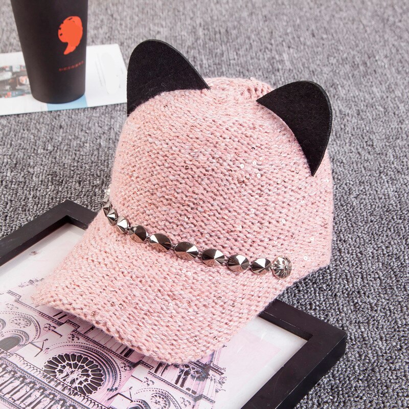 Cat Ears Baseball Cap Wool Knit - Sabreeonline