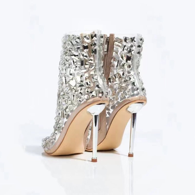 Rhinestone Pointed Open Toe Stiletto Ankle Boots Luxury Crystal Pearl - Sabreeonline