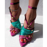 Neon Pink Color Strap Buckle Sandals Women Metal Rivets Heels Patent Leather Thin Heels Party Shiny Sandals 2022 Summer Shoes - Sabreeonline