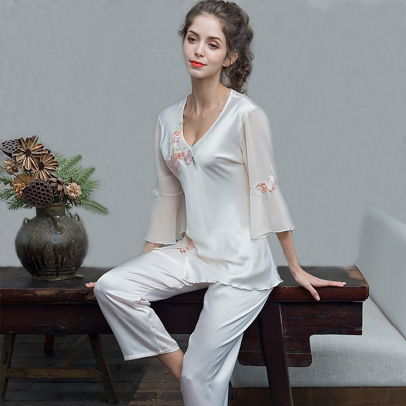 pijamas women Female pantsuit women Ice Silk Suit Long Sleeve silk pajamas Thin Bud Silk Sleeping Home Suit sleepwear - Sabreeonline