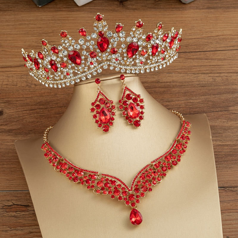 Baroque Crystal Water Drop Bridal Jewelry Sets Rhinestone Tiaras Crown Necklace Earrings for Bride Wedding Dubai Jewelry Set - Sabreeonline
