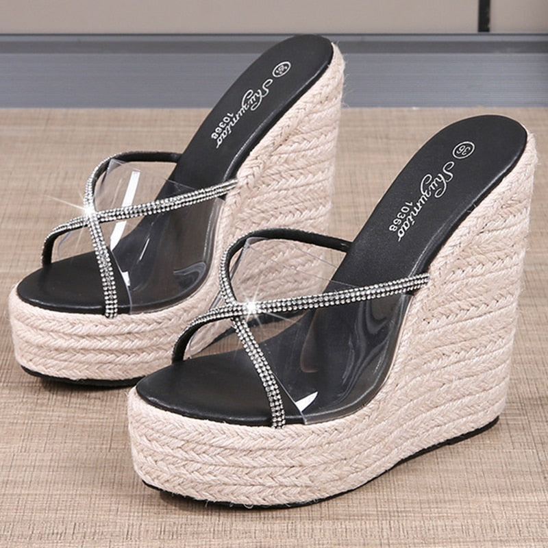 Women&#39;s Sexy Slippers Fashion High Heels 15CM Slippers Slope Heels Rhinestones wedges plus size
