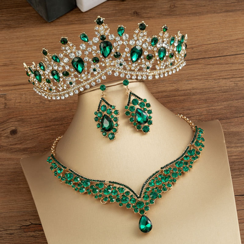 Baroque Crystal Water Drop Bridal Jewelry Sets Rhinestone Tiaras Crown Necklace Earrings for Bride Wedding Dubai Jewelry Set - Sabreeonline