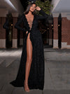 Luxury Women Summer Fashion Sexy Long Sleeve Black Diamonds Lace Maxi Long Bodycon Dress 2023 Elegant Evening Party Club Dress - Sabreeonline