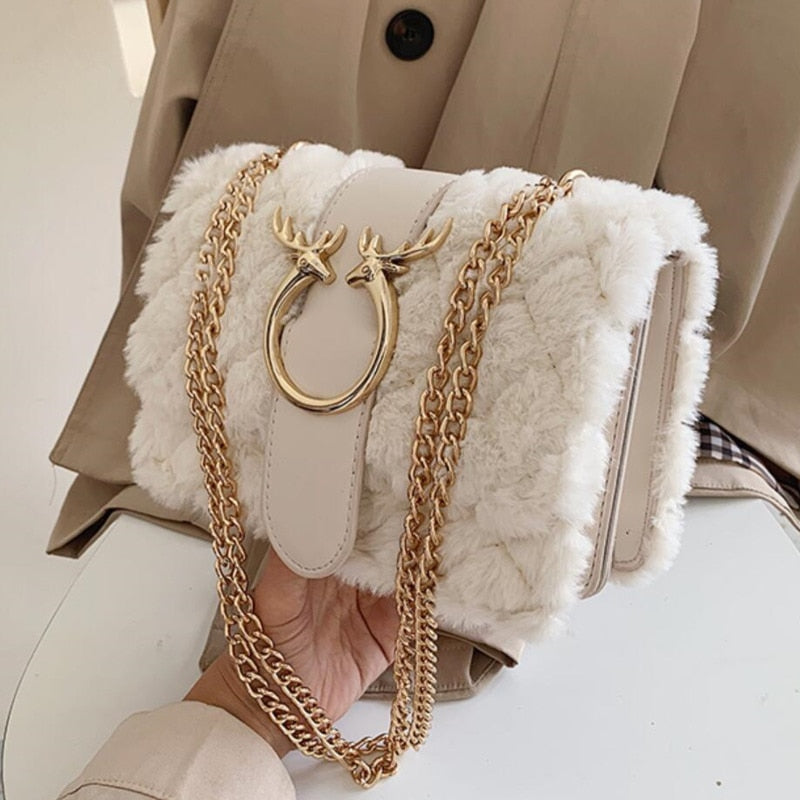 Soft Women Lock Chain Plush Shoulder Messenger Bag - Sabreeonline