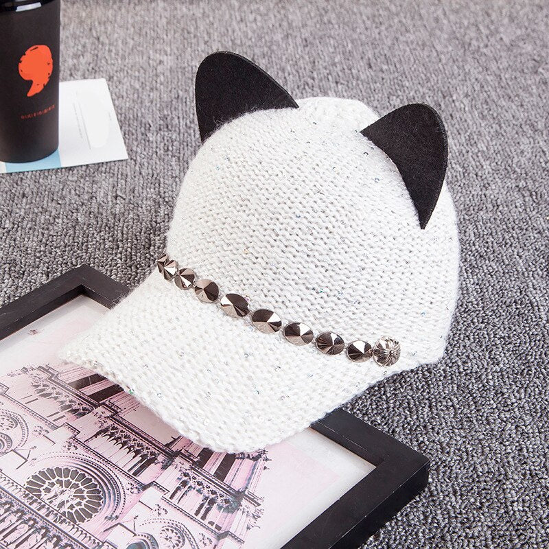 Cat Ears Baseball Cap Wool Knit - Sabreeonline