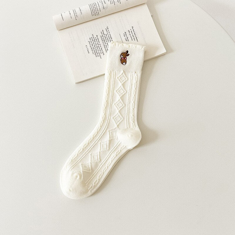 Casual Solid White Socks Women Embroidery Bear Love Flowers Girl Rabbit Cartoon Socks Spring Autum Harajuku Middle Socks - Sabreeonline