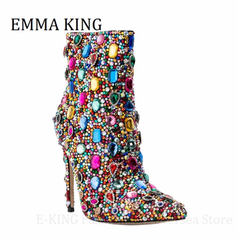 Women Multicolor Crystal Ankle Boots Sexy Stiletto Heels Rhinestone Cocktail Booties Ladies Bling Party Shoes Botas De Mujer - Sabreeonline