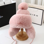 Outdoor Winter Thick Warm Earflap Hat Wool Knitted Snow Ski Cap Fleece Bomber Trapper Hat Women Ushanka Faux Fox Fur Pompom - Sabreeonline