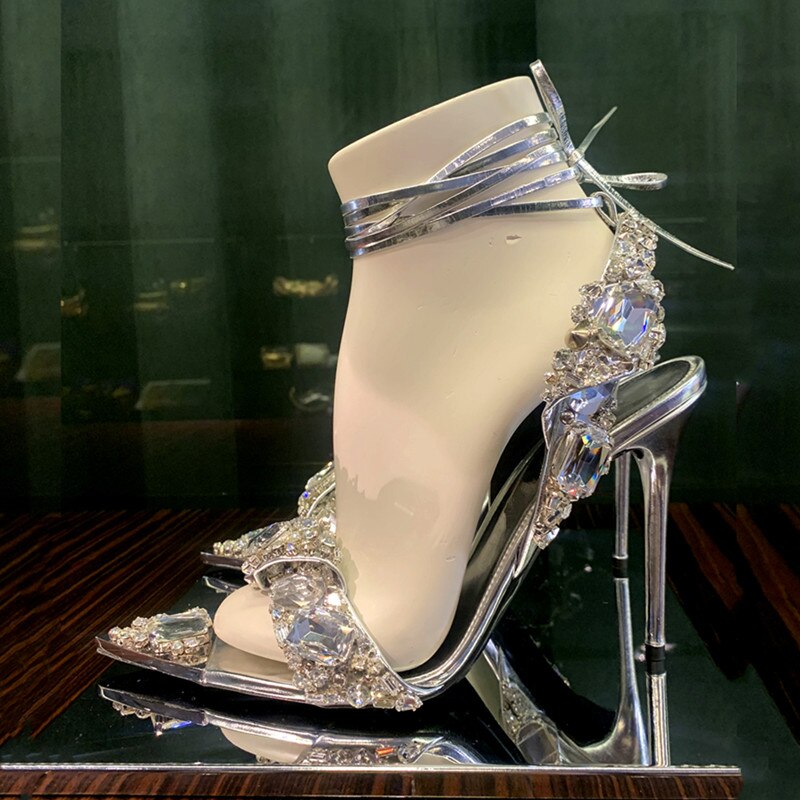 Mirror Crystal Heeled Sandals Pointed Rhinestone Stiletto High Heel Sandals Gold Stunning Bride Heels Ankle Strap Wedding Shoes - Sabreeonline