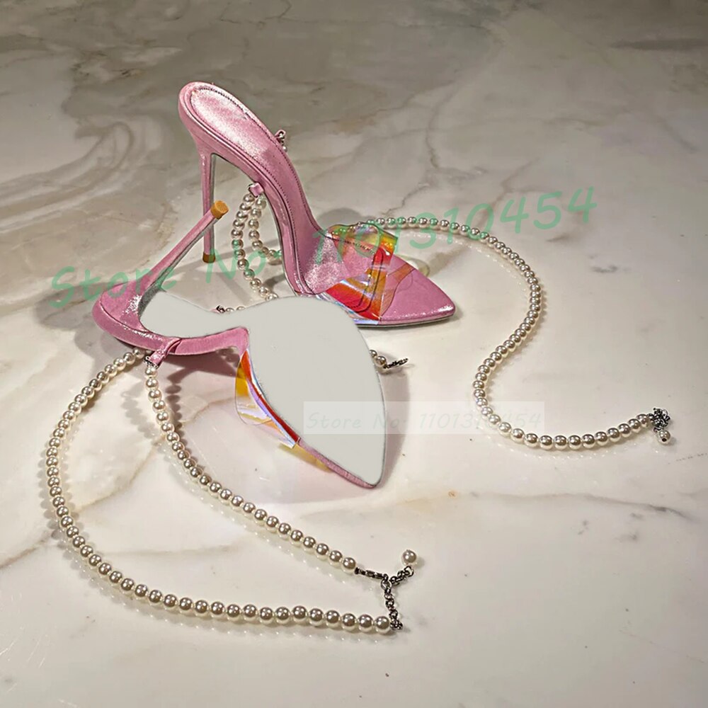 Pearl Chain Pink Lovely Heeled Sandals Women Summer Color PVC Luxury High Heels Shoes Girl&#39;s Elegant Sparkly Large Size Sandals - Sabreeonline