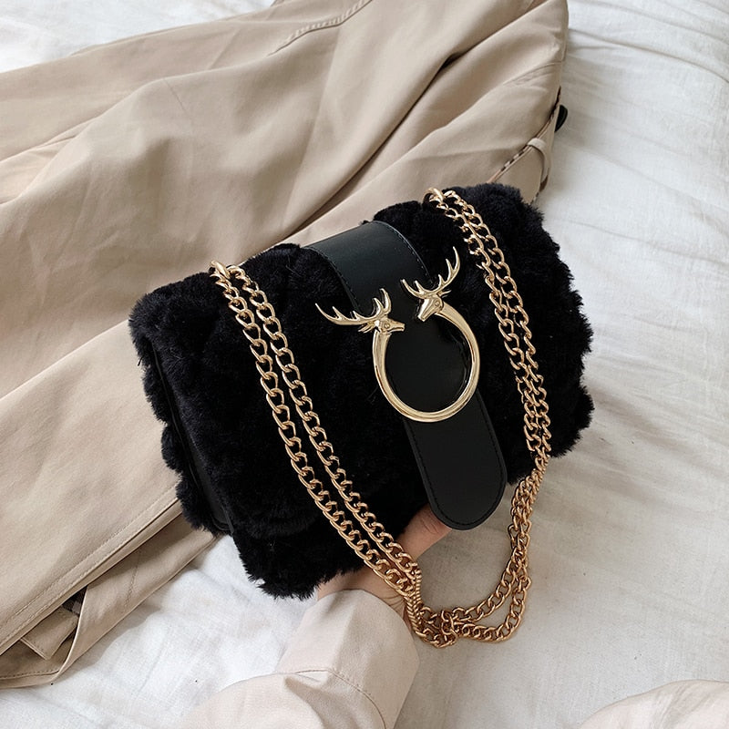 Soft Women Lock Chain Plush Shoulder Messenger Bag - Sabreeonline