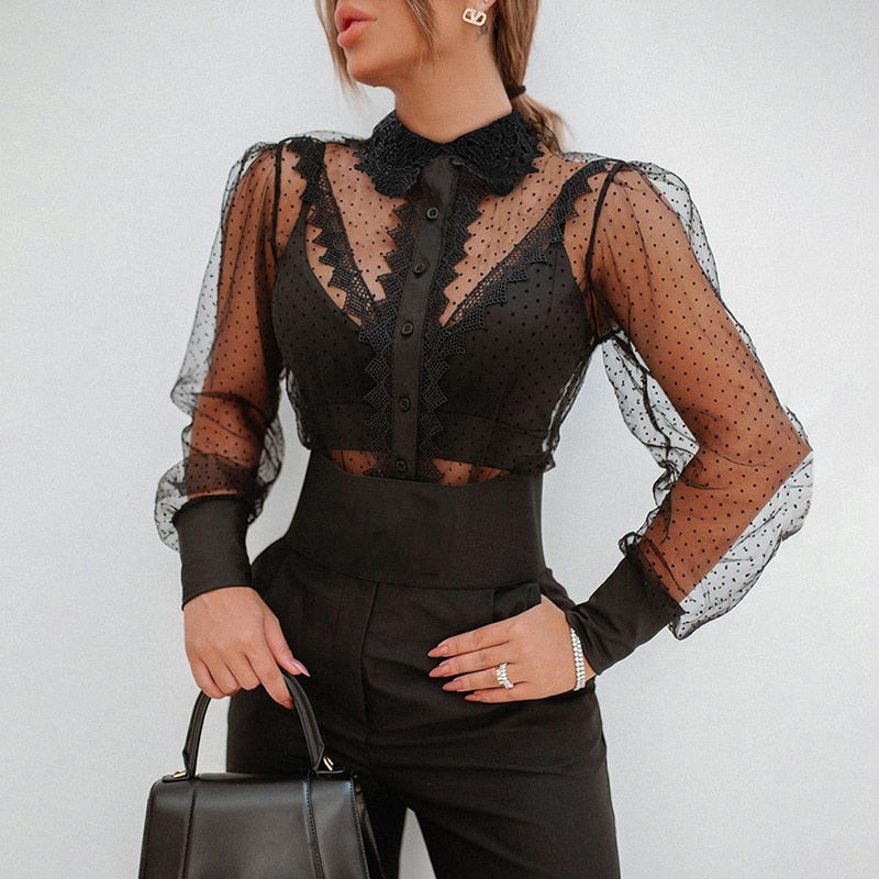 Black Casual Dot Sheer Mesh See Through Blouse - Sabreeonline