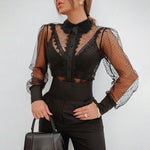 Black Casual Dot Sheer Mesh See Through Blouse - Sabreeonline