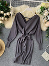 Sweater Dress Batwing Sleeve V Neck Elegant Dress Ladies Bandage Dress - Sabreeonline