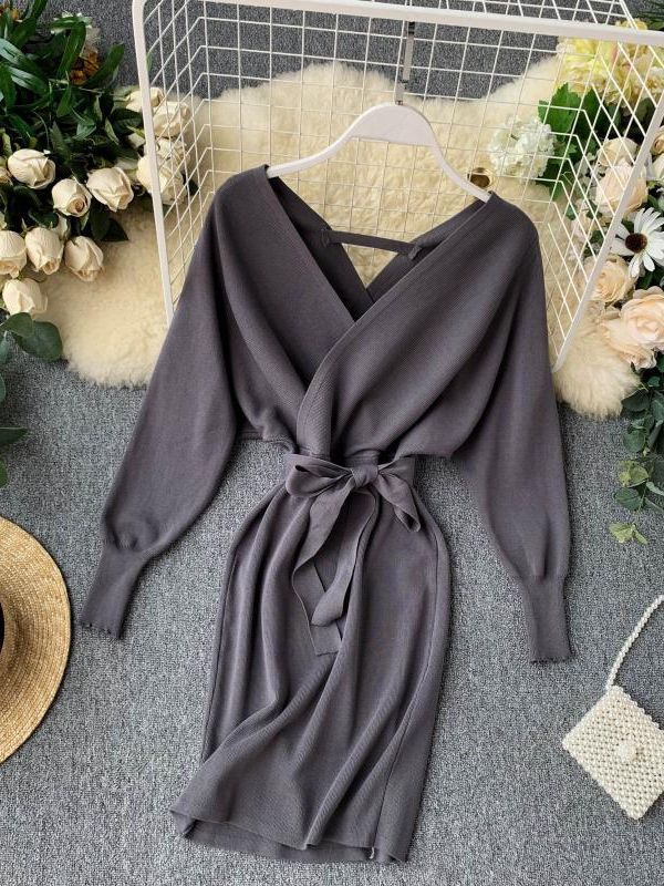 Sweater Dress Batwing Sleeve V Neck Elegant Dress Ladies Bandage Dress - Sabreeonline