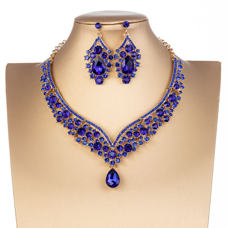 Baroque Crystal Water Drop Bridal Jewelry Sets Rhinestone Tiaras Crown Necklace Earrings for Bride Wedding Dubai Jewelry Set - Sabreeonline