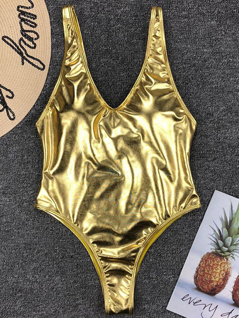 Sexy Shiny PU Leather Bikini Women 2023 Bikinis Bling Swimwear One Piece Swimsuit Female Monokini Bather Bathing Suit Swim Lady