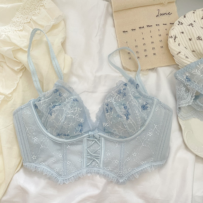 Sexy lace mesh lingerie summer thin section big breasts show small no steel ring underwear set to receive breast bra - Sabreeonline