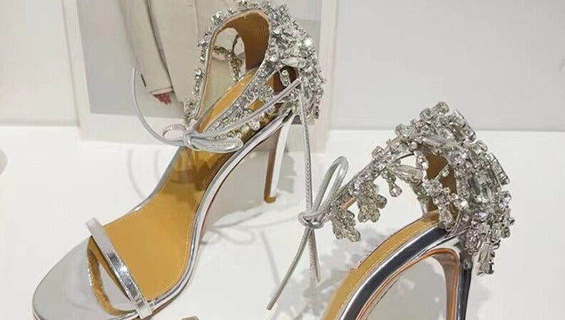 Thin High Heel Ankle Strap Shiny Crystal Shoes - Sabreeonline