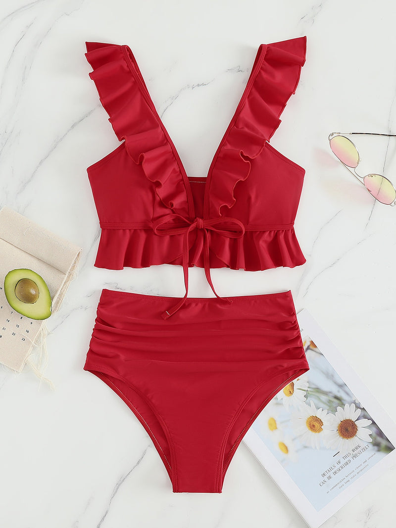 Ruffle Strape Bikinis 2023 Women High Waist Swimsuit Solid V-neck Swimwear Female Bathers Bathing Swimming Suit Summer Beachwear