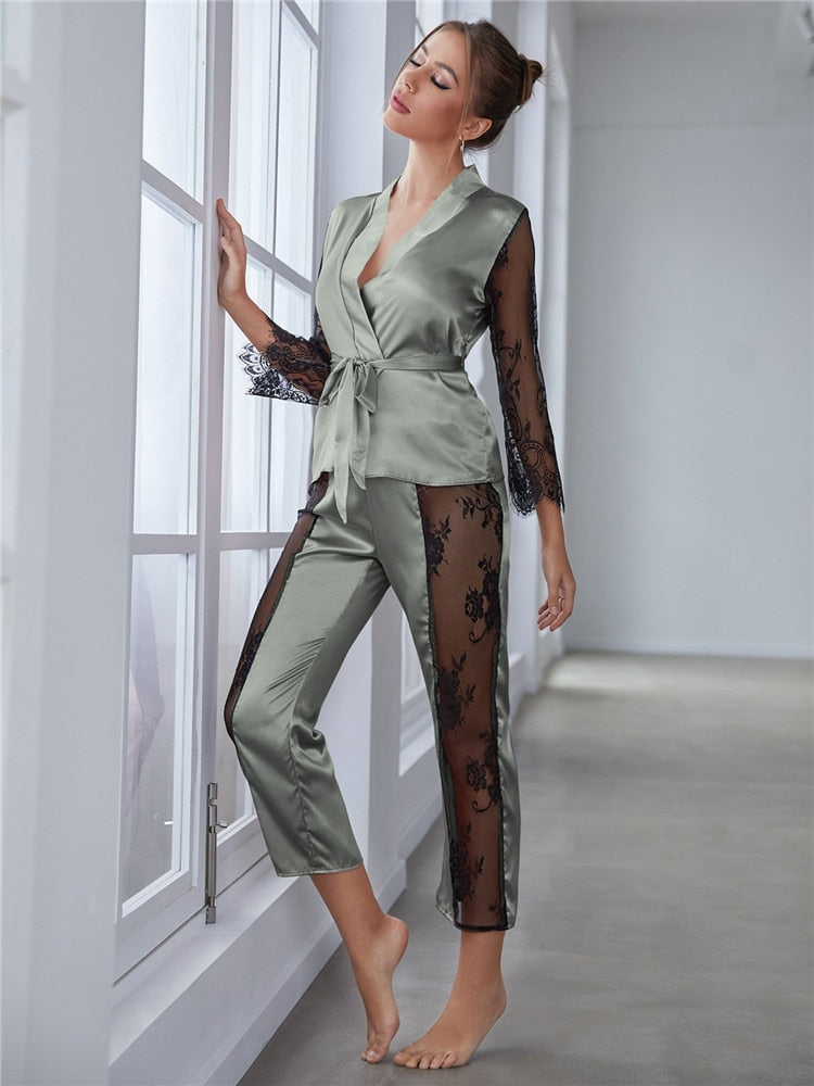 Women's Satin Pajamas Set Gorgeous Sleeve Top with Pant Contrast Lace Lounge Wear Hollow Out 2pcs Sleepwear - Sabreeonline
