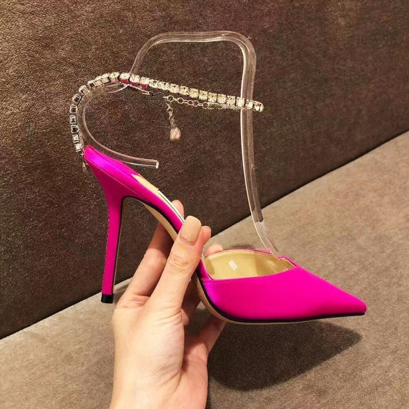 High Heels 2022 New Summer Rhinestone Chain Pointed Black Sexy Thin Heel Baotou Sandals