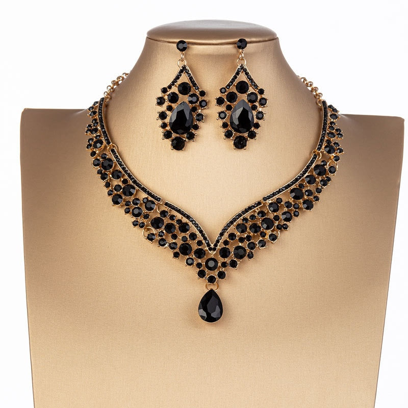 Baroque Crystal Water Drop Bridal Jewelry Sets Rhinestone Tiaras Crown Necklace Earrings for Bride Wedding Dubai Jewelry Set - Sabreeonline