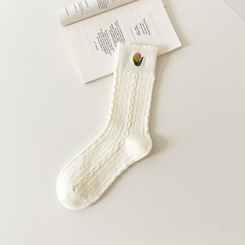 Casual Solid White Socks Women Embroidery Bear Love Flowers Girl Rabbit Cartoon Socks Spring Autum Harajuku Middle Socks - Sabreeonline