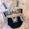 Japanese underwear cute girl sweet blue black plaid bubble lace with steel ring thin large size gather bra set - Sabreeonline