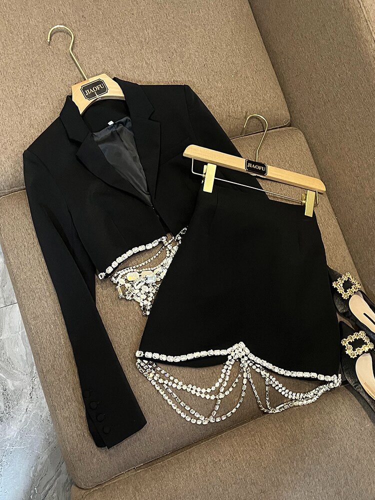 Designed Rhinestone Chain Short Blazer - Sabreeonline