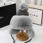Outdoor Winter Thick Warm Earflap Hat Wool Knitted Snow Ski Cap Fleece Bomber Trapper Hat Women Ushanka Faux Fox Fur Pompom - Sabreeonline