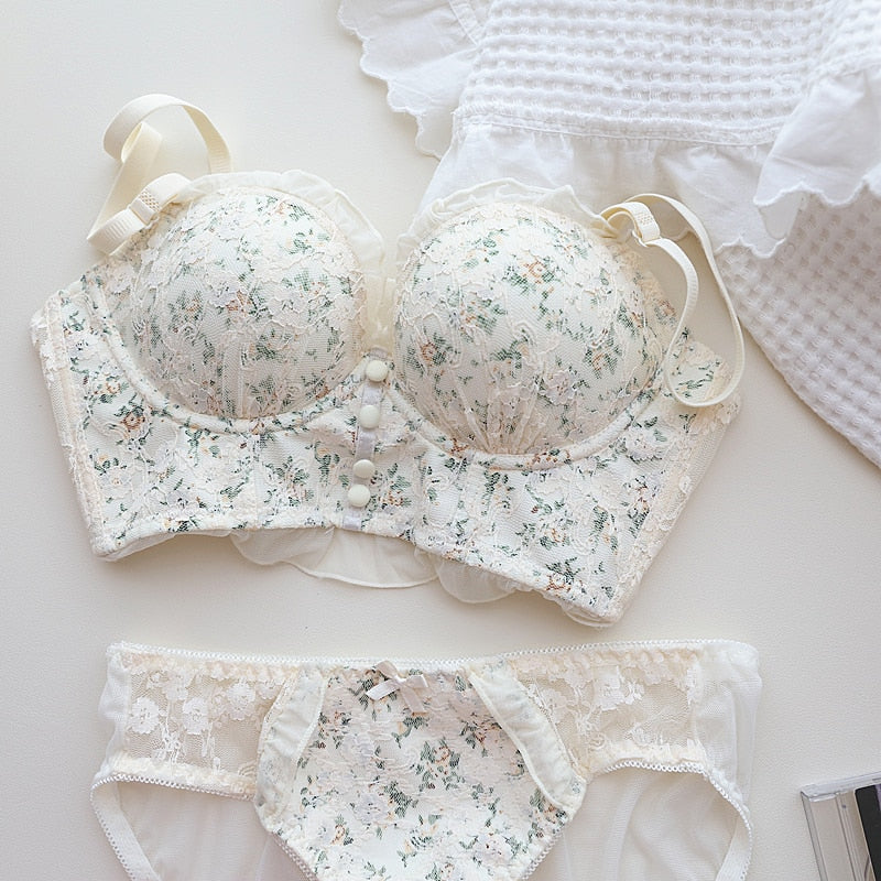 Idyllic floral underwear adjustment type upper thin lower thick gather anti-sagging bra set female lingerie - Sabreeonline