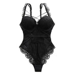 Wriufred Less ladies underwear gathered thickened bra sexy lace transparent sling bodysuit hollow beautiful back lingerie set - Sabreeonline