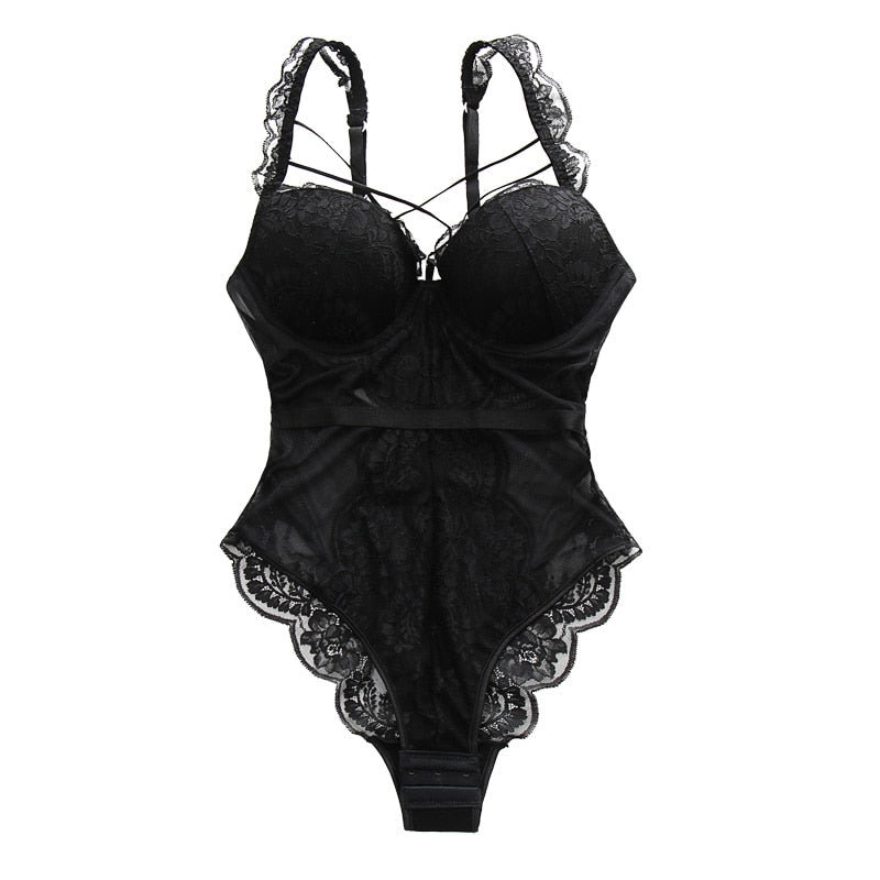 Wriufred Less ladies underwear gathered thickened bra sexy lace transparent sling bodysuit hollow beautiful back lingerie set - Sabreeonline