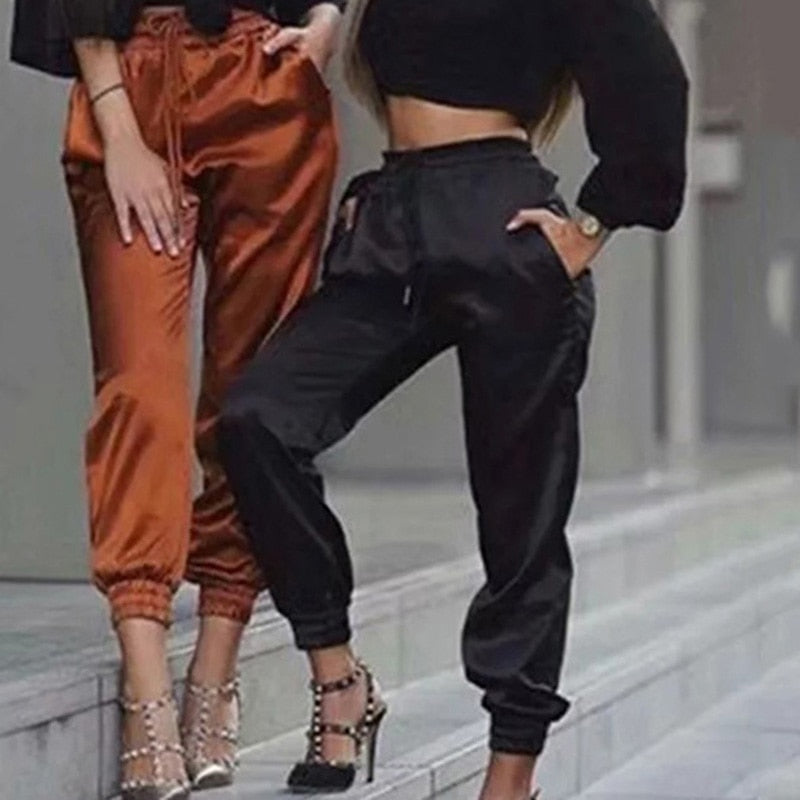 New High Waist Satin Pants Women Bsolid Color Black Joggers Women Trousers Casual Pants Cargo Sweatpants Korean Red Fall - Sabreeonline