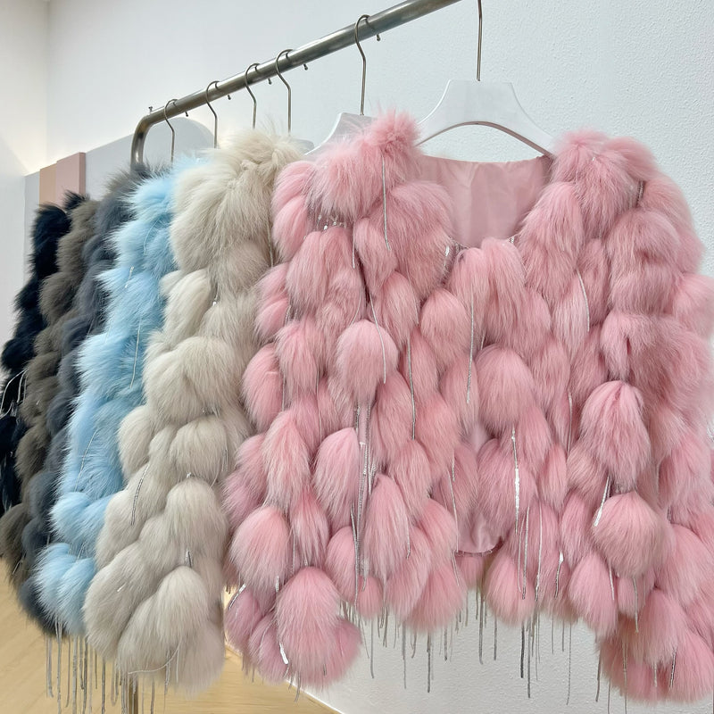 Natural Fox Fur Coat With Tassels Fashion winter Warm fur coat women CoatsReal Fox Fur jackets fur coatThick abrigos Jackets - Sabreeonline