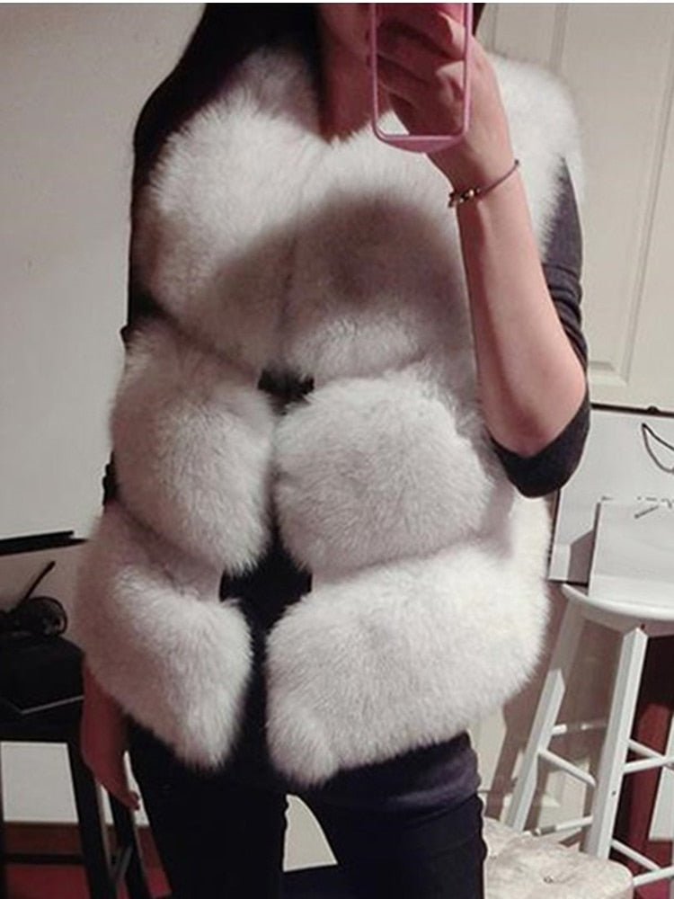 Thick Warm Faux Fox Fur Vest V-Neck - Sabreeonline