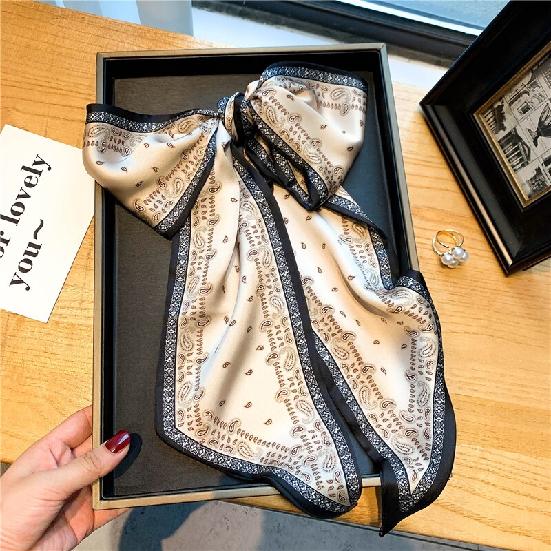 Elegant Print Satin Silk Skinny Scarf - Sabreeonline
