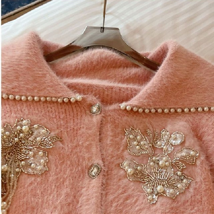 Loose Sweater Sequins Beaded Mink Fleece - Sabreeonline