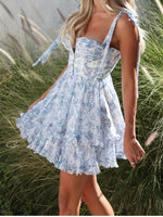 Retro Slit V Neck Corset Ruffle Dresses