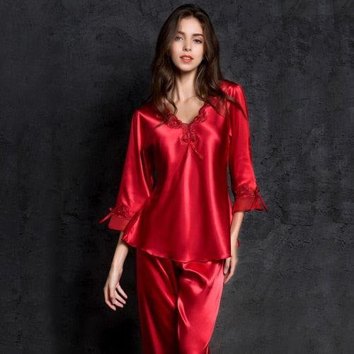 pijamas women Female pantsuit women Ice Silk Suit Long Sleeve silk pajamas Thin Bud Silk Sleeping Home Suit sleepwear - Sabreeonline