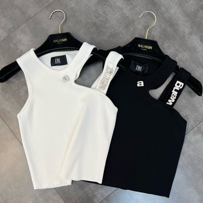 PREPOMP 2022 Summer New Arrival Sleeveless Single Shoulder Hollow Out Diamonds Letters Slim Knitted Tank Top Woomen Vest GE319