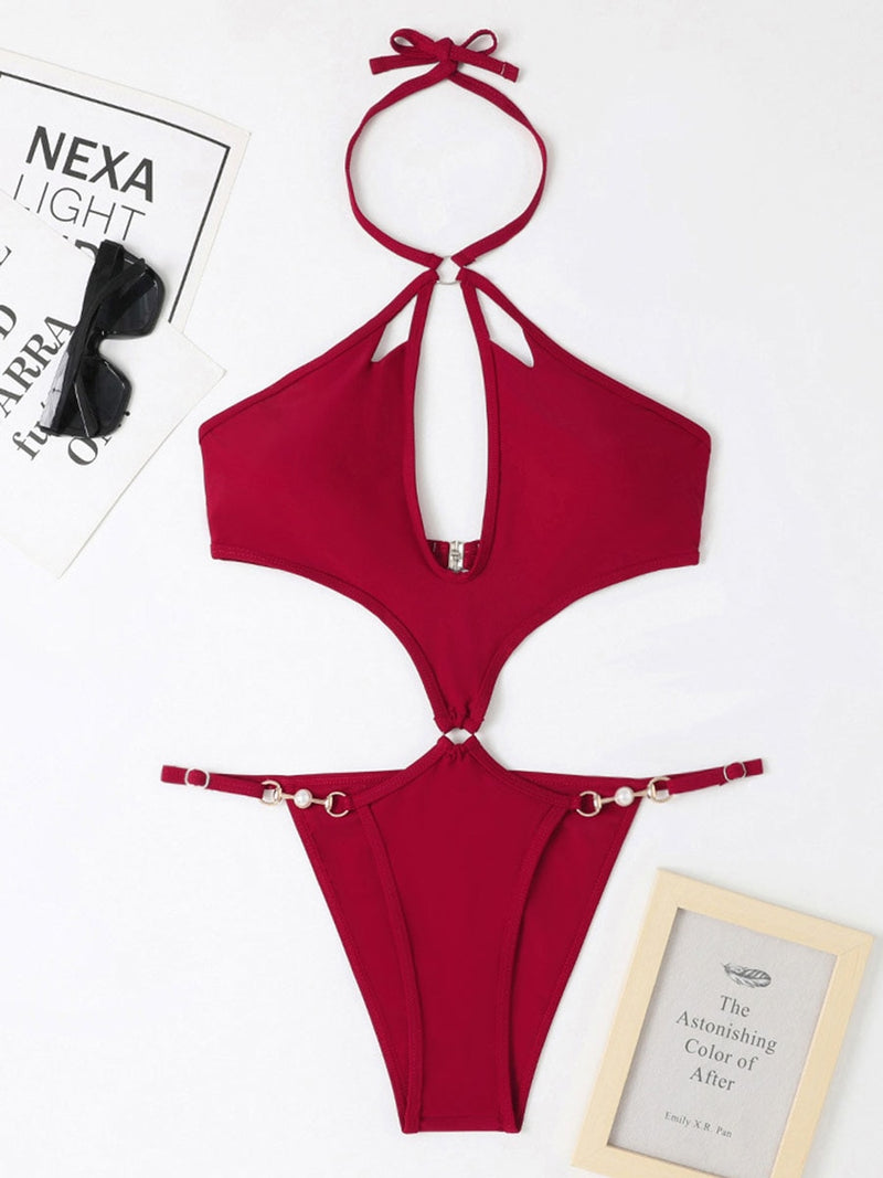 Sexy Halter Solid One Piece Swimsuit 2023 New Hollow Out  DiamondPush Up Bikini Beach Cut Out Bathing Suit Trikini Swimwear - Sabreeonline