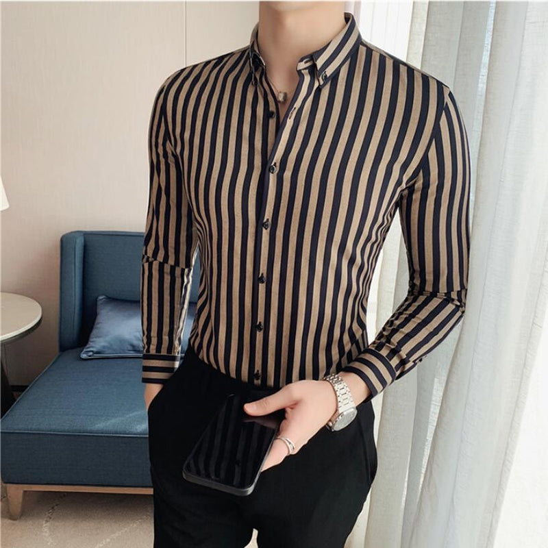 Vertical Stripe Slim Men Casual Long Sleeve Tuxedo Shirt - Sabreeonline