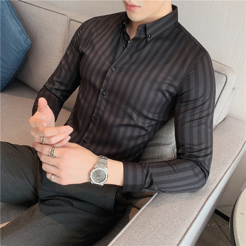 Vertical Stripe Slim Men Casual Long Sleeve Tuxedo Shirt - Sabreeonline