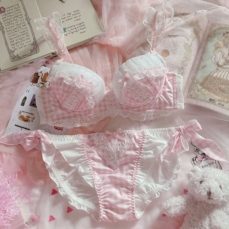 Japanese underwear cute girl sweet blue black plaid bubble lace with steel ring thin large size gather bra set - Sabreeonline